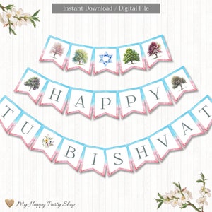 Puede incluir: Una pancarta imprimible con un fondo de acuarela azul y rosa. La pancarta dice "Happy Tu B'Shvat" con una Estrella de David y árboles en cada bandera.