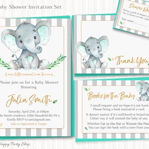 Mint Green Elephant Baby Shower Set di inviti, STAMPABILE, Little Peanut (invito, grazie, richiesta di prenotazione, lotteria per pannolini) - BSU046MG