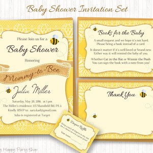Bee Baby Shower Invitation Set, IMPRIMABLE, Thème Bee, Jaune & noir, Numérique - Invitation, carte de faveur, demande de livre, tombola de couches - BSU003