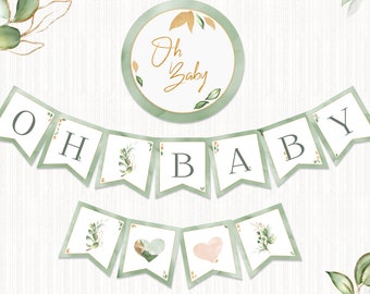 Oh Baby Banner, PRINTABLE, Sage Baby Shower, Olive Green Welcome Baby, Baby Shower Decor, Gender Neutral, INSTANT DOWNLOAD, Digital - BSU076