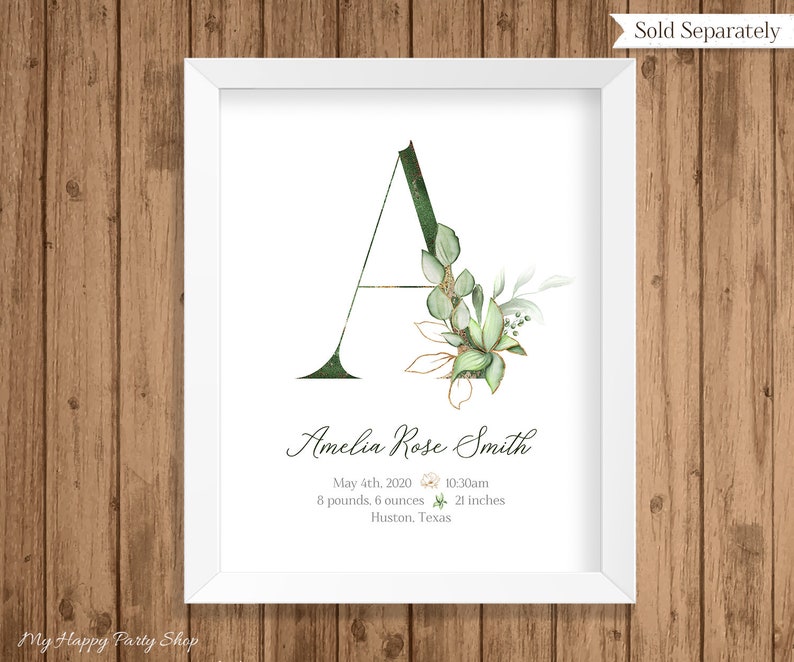 May include: A green and gold watercolour letter A with floral accents. The text below reads "Amelia Rose Smith", "May 4th, 2020", "10:30am", "8 pounds, 6 ounces", "21 inches", and "Huston, Texas".
