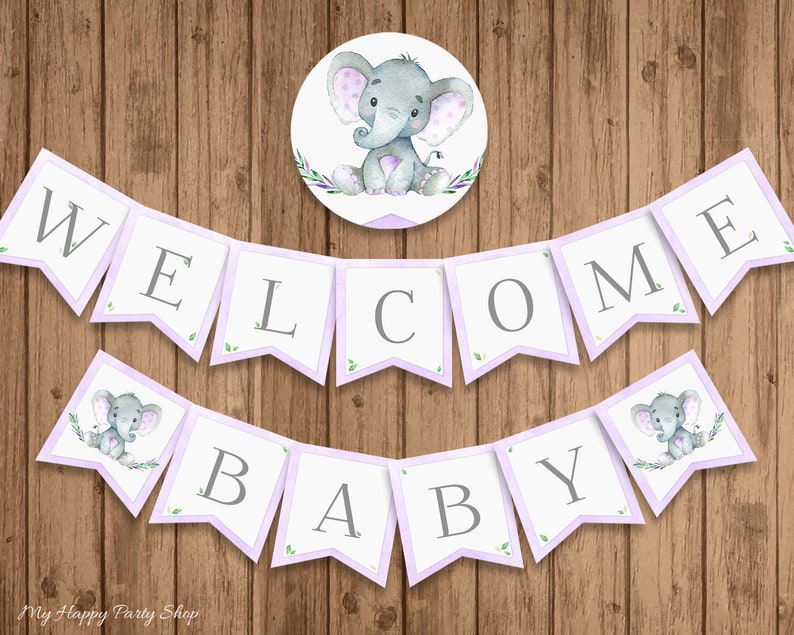 May include: Purple and white welcome baby banner with a gray elephant illustration. The banner says "Welcome Baby" with a small elephant illustration on each end.