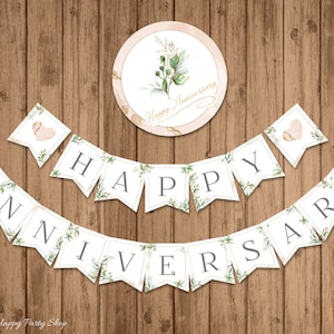 Happy Anniversary Banner, PRINTABLE, Greenery Anniversary Banner, Party Decor, Green Leaves Bunting, INSTANT DOWNLOAD, Digital - BSU066