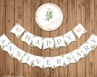 Banner de Feliz Aniversario, IMPRIMIBLE, Banner de Aniversario con Verduras, Decoración para Fiestas, Banderines de Hojas Verdes, DESCARGA INSTANTÁNEA, Digital - BSU066