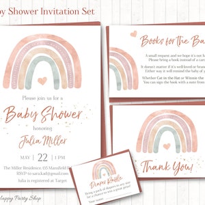 Boho Rainbow baby shower uitnodiging, afdrukbaar, genderneutraal, digitaal (uitnodiging, bedankkaart, boekaanvraag, luierloterij) BSU069N
