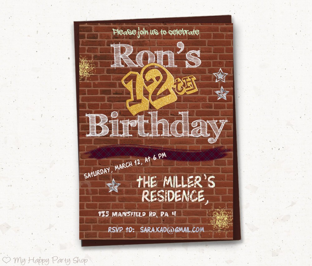 Teen Birthday Invitation Printable Brick Invite Graffiti Etsy