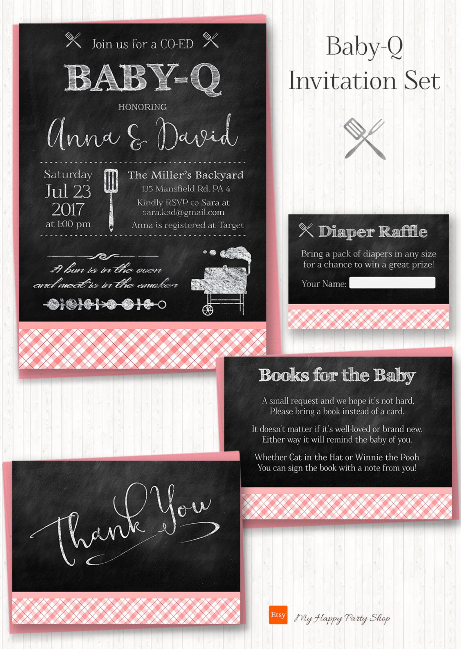 Pink BABYQ Shower Invitation Set PRINTABLE Chalkboard BBQ Etsy