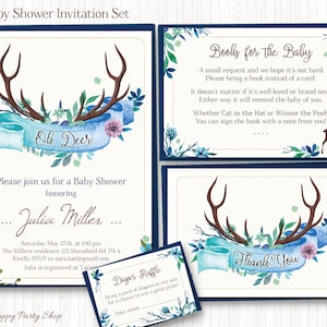 Cerf Baby Shower Invitation Set - bois de cerf bleu imprimable, Floral, BSU039B numérique (Invitation, carte de remerciement, demande de livre, tirage au sort à couches)