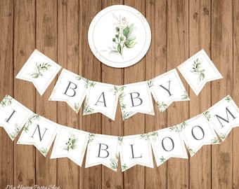 Baby in Bloom Banner, PRINTABLE, Greenery Welcome Baby, Floral Baby Shower, Gender Neutral, INSTANT DOWNLOAD - Digital (14 Flags) - BSU066