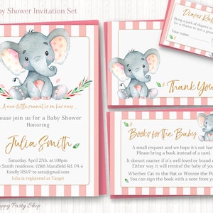 Elefant Baby Shower Einladungsset, PRINTABLE, Pink Little Peanut Shower, (Einladung, Danke, Buchwunsch, Windelraffle) - BSU046PI