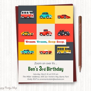 Cartão de feliz aniversário de carros, IMPRIMÍVEL, cartão de felicitações de carros, aniversário de menino, carros retrô, 2º aniversário, 3º aniversário, carros e caminhões - KB007 imagem 4