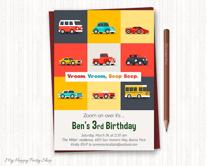 Cartão de feliz aniversário de carros, IMPRIMÍVEL, cartão de felicitações de carros, aniversário de menino, carros retrô, 2º aniversário, 3º aniversário, carros e caminhões - KB007 imagem 4