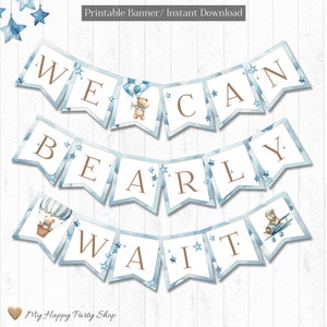 Banner per baby shower con orsetto di peluche, STAMPABILE, Blue Welcome Baby, We Can Bearly Wait, striscione per neonato, DOWNLOAD IMMEDIATO, file digitale - BSU082B