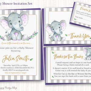 May include: A baby shower invitation set with a purple and gray striped background. The invitation features a watercolor illustration of a gray elephant with purple accents. The text on the invitation reads "A new little peanut is on the way... Please join us for a Baby Shower Honoring Julia Smith Saturday, April 27th at 1:00pm The Smith residence, 13568 Mansfield Rd. PA 4 Kindly RSVP to sara@gmail.com Julia is registered at Target". There are also two additional cards, one for a diaper raffle and one for a book request.