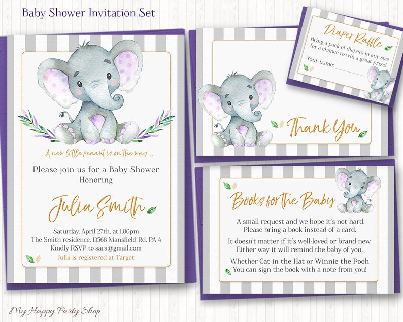 May include: A baby shower invitation set with a purple and gray striped background. The invitation features a watercolor illustration of a gray elephant with purple accents. The text on the invitation reads "A new little peanut is on the way... Please join us for a Baby Shower Honoring Julia Smith Saturday, April 27th at 1:00pm The Smith residence, 13568 Mansfield Rd. PA 4 Kindly RSVP to sara@gmail.com Julia is registered at Target". There are also two additional cards, one for a diaper raffle and one for a book request.