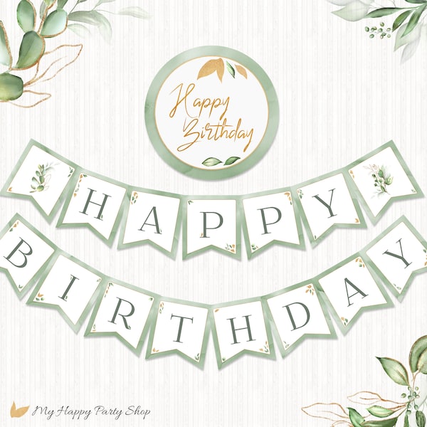 Sage Happy Birthday Banner, PRINTABLE, Olive Green and Gold Birthday Flag, Party Decor, , Adult Birthday, INSTANT DOWNLOAD, Digital - BSU076