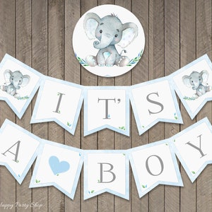 It&#39;s a Boy Banner, PRINTABLE, Blue Elephant Baby Shower Banner, Baby Boy, Elephant Theme, INSTANT DOWNLOAD - Digital (10 Flags) - BSU046B