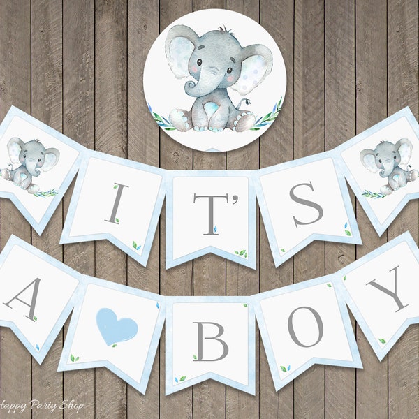 It's a Boy Banner, PRINTABLE, Blue Elephant Baby Shower Banner, Baby Boy, Elephant Theme, INSTANT DOWNLOAD - Digital (10 Flags) - BSU046B