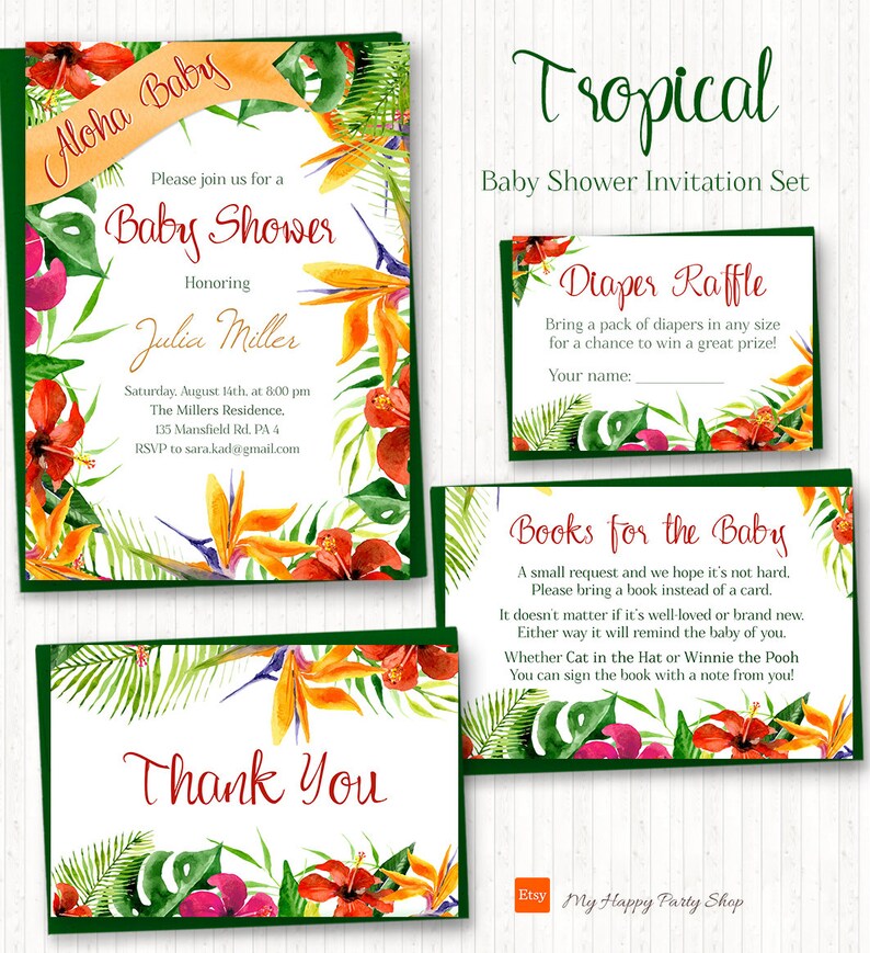 Hawaiian PRINTABLE BSU054 digital Tropical Baby Shower Invitation Set Aloha Invitation, thank you card, book request, diaper raffle
