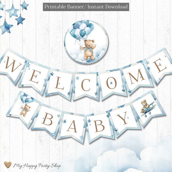 Teddy Bear Baby Shower Banner, PRINTABLE, Welcome Baby, Baby Boy Banner, It's a Boy, INSTANT DOWNLOAD - Digital (14 Flags) - BSU082