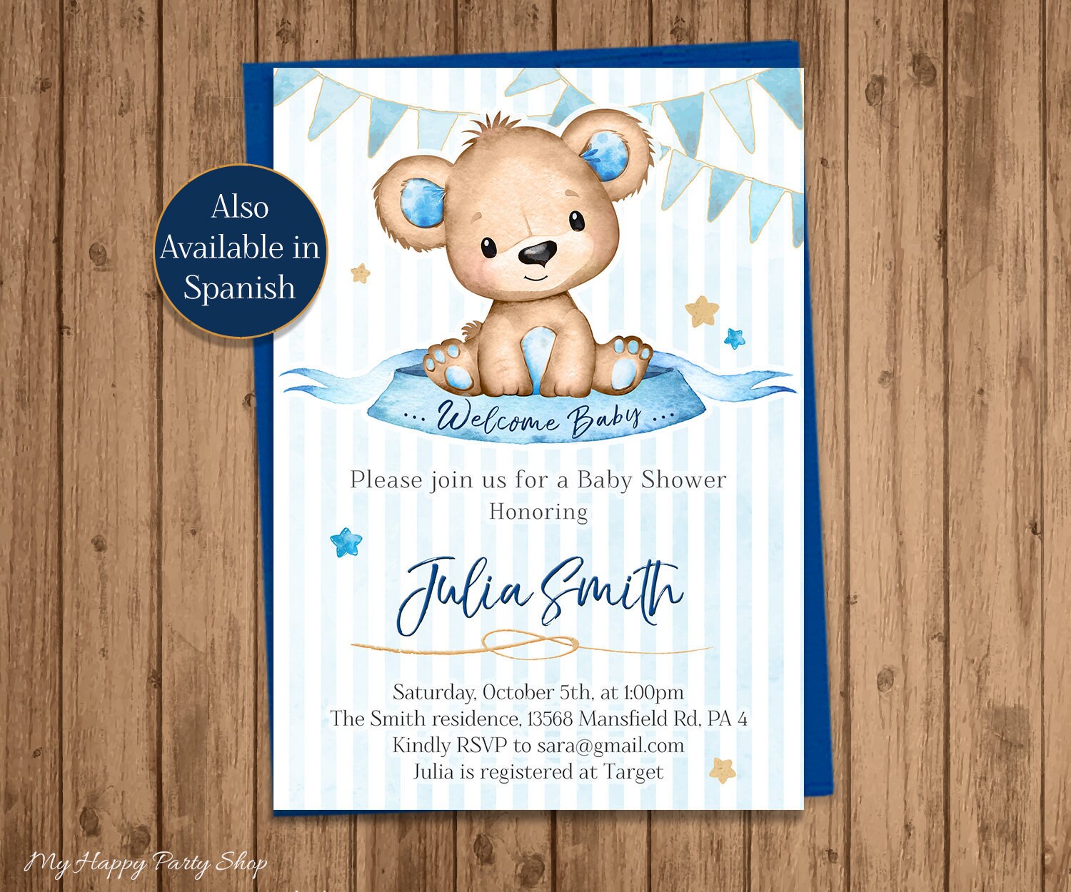 Bear Baby Shower Invitation Printable Blue Teddy Bear Invite Etsy España