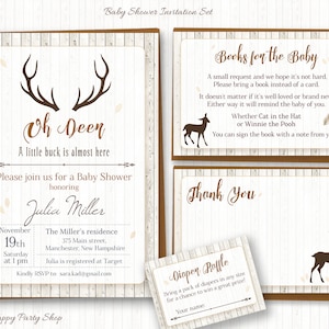 Conjunto de convites para chá de bebê de veado - IMPRIMÍVEL, chá de bebê Woodland, digital (convite, cartão de agradecimento, solicitação de livro, rifa de fraldas) BSB005