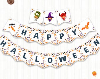 Könnte beinhalten: Ein festliches Halloween-Banner mit den Worten "HAPPY HALLOWEEN" in marineblauen Buchstaben. Das Banner ist mit Süßigkeiten und Halloween-Illustrationen verziert. Der Text "Instant Download / Digital File" steht oben.