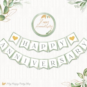 Happy Anniversary Banner, PRINTABLE, Sage Anniversary Banner, Party Decor, Greenery Bunting, INSTANT DOWNLOAD, Digital - BSU076