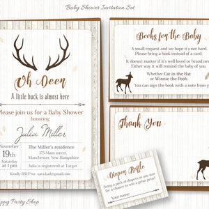 May include: A baby shower invitation set with a rustic theme. The main invitation features the text "Oh Deen" and "A little buck is almost here." Additional cards include "Books for the Baby," "Thank You," and a diaper raffle. Brown deer silhouettes and wood grain backgrounds.