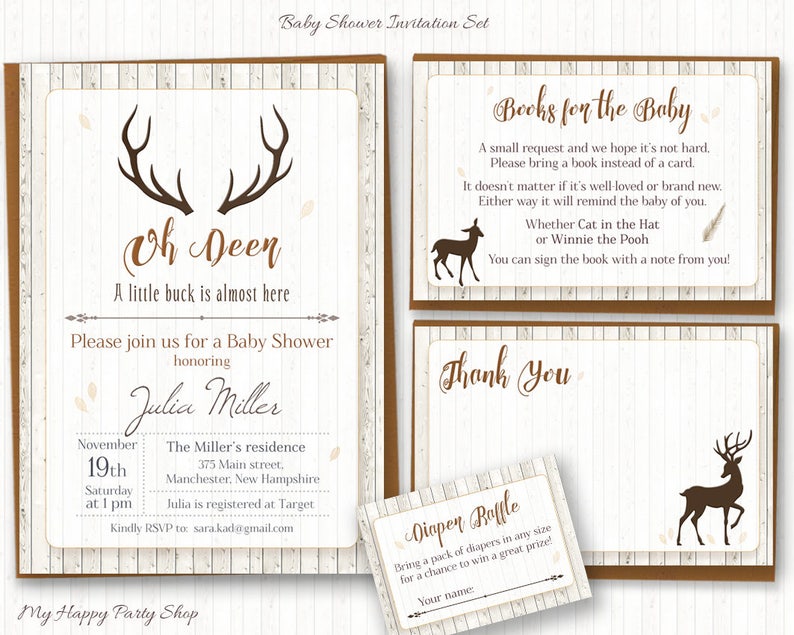 May include: A baby shower invitation set with a rustic theme. The main invitation features the text "Oh Deen" and "A little buck is almost here." Additional cards include "Books for the Baby," "Thank You," and a diaper raffle. Brown deer silhouettes and wood grain backgrounds.