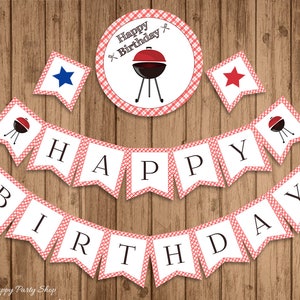 BBQ Happy Birthday Banner, PRINTABLE, Barbecue Birthday, 4th of July, Picnic Birthday Party, Instant Download, Digital File - BSU020R