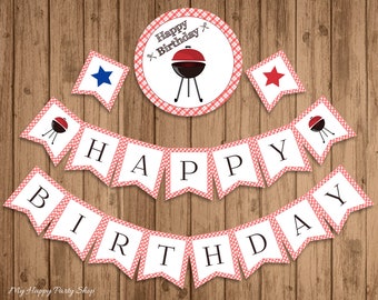 Bannière de joyeux anniversaire barbecue, imprimable, anniversaire barbecue, 4 juillet, fête d'anniversaire pique-nique, téléchargement immédiat, fichier numérique - BSU020R