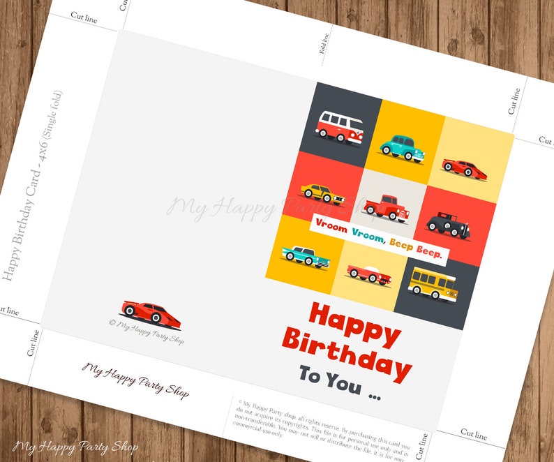 Cartão de feliz aniversário de carros, IMPRIMÍVEL, cartão de felicitações de carros, aniversário de menino, carros retrô, 2º aniversário, 3º aniversário, carros e caminhões - KB007 imagem 2