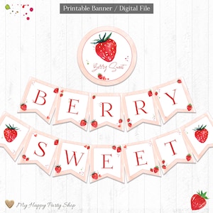 Aardbei banner, afdrukbaar, Berry Sweet banner, verjaardag banner, aardbei verjaardag, meisje verjaardag, INSTANT DOWNLOAD, digitaal - KG017