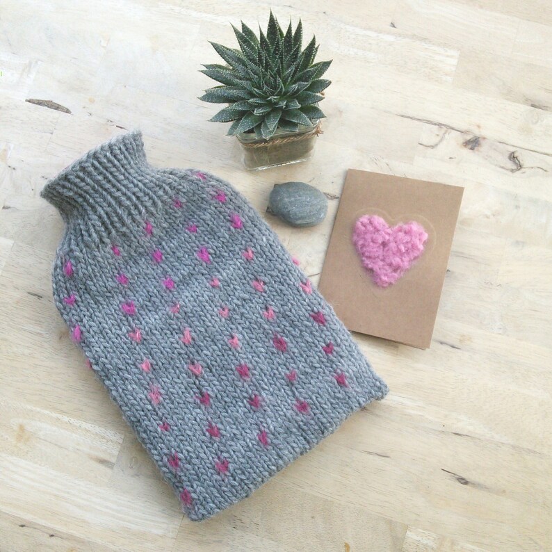 Grey Knitted Hot Water Bottle Cover Pink Fair Isle Hot Water Etsy