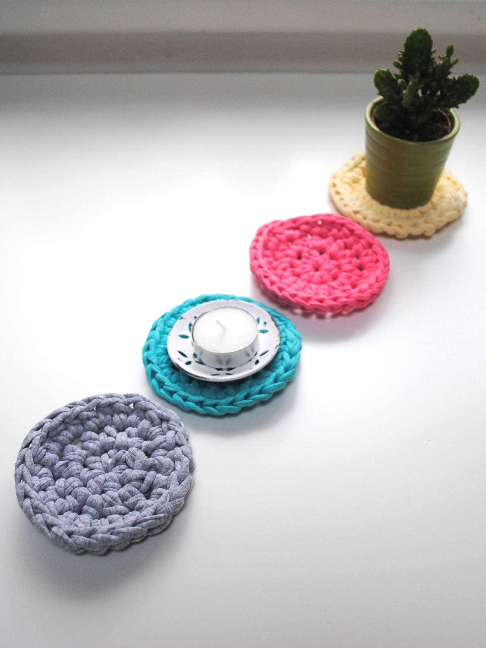 Crochet Coaster Set Drinks Coasters Upcycled Tshirt Yarn Etsy