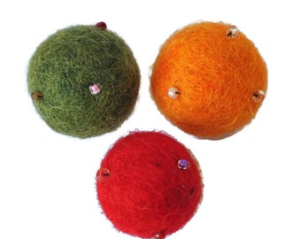 Fridge Magnets, Felt Ball Magnet Set of 3, Round Message Board Magnets, beaded felt balls in yellow, red and green,  wool felt magnets