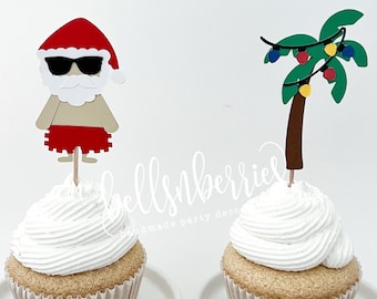 Christmas in July Cupcake Toppers: Santa & Palm Tree Picks (Set of 12)