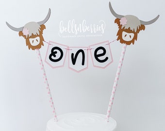 Girly Highland Cow Bunting Cake Topper / Barnyard Smash Cake Topper / Pink Cow Straw Cake Topper / High Land Cow Party
