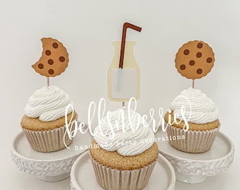 Milk & Cookies Cupcake Toppers / Milk and Cookies Birthday / First Birthday / One Tough Cookie / Set of 12