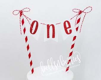 Décoration de gâteau pour premier anniversaire en canne de bonbon : fanion scintillant rouge