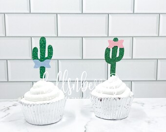 Cactus Gender Reveal Cupcake Toppers: Fiesta Party Decor (Set of 12)
