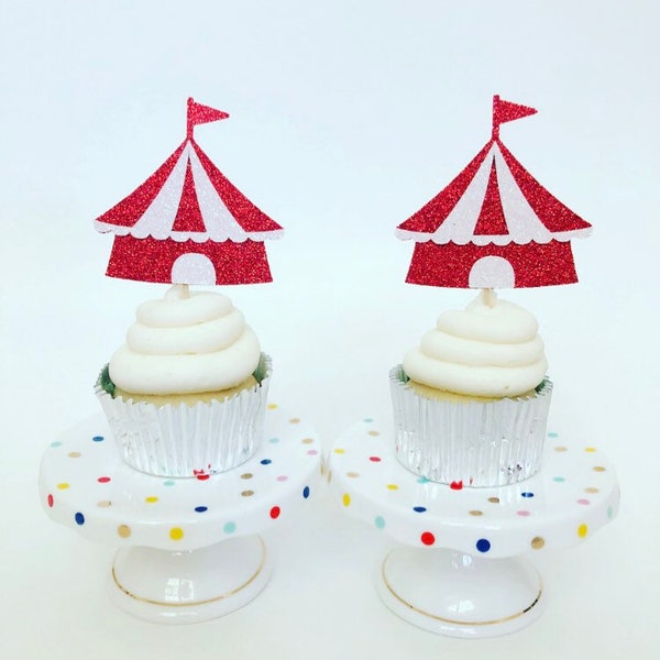 Circus Tent Cupcake Toppers / Vintage Circus / Circus Birthday Party / Set of 12