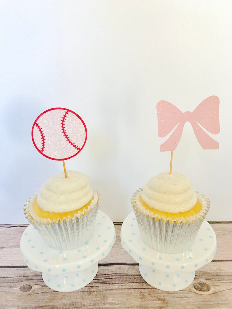 Baseballs or Bows Glitter Cupcake Toppers/ Gender Reveal Etsy