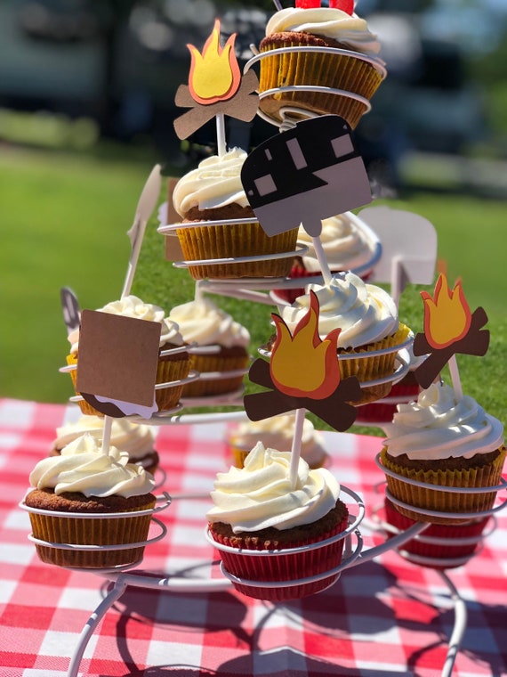 Camping Birthday Cupcake Toppers/ Glamping Birthday/ Set of 12