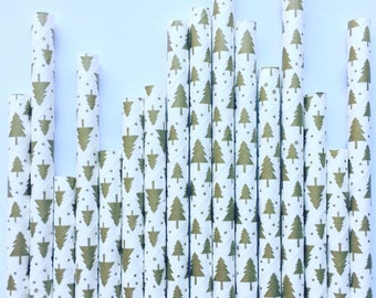 Gold Christmas Tree Paper Straws - Holiday Party Pack of 25