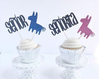 Gender Reveal Cupcake Toppers: Fiesta Cinco de Mayo Party Decorations (Set of 12)
