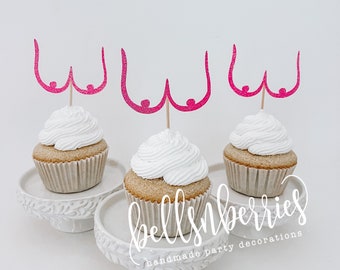 Boob Cupcake Toppers, Breast Cancer Awareness, Glitter Cardstock (Set of 12)