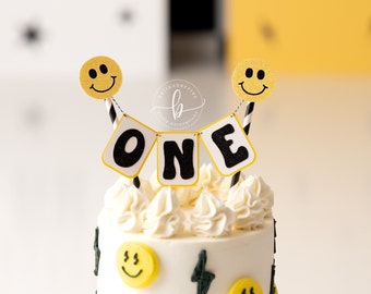 Smiley Face Age Cake Bunting topper/ One Happy Dude cake topper/ peace sign birthday