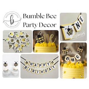 May include: Bumble Bee Party Decor set featuring a banner with the text HAPPY BIRTHDAY, a banner with the text ONE, cupcake toppers with bee designs, and a cake topper with a bee and the word one in gold glitter, all in yellow, black, and white.